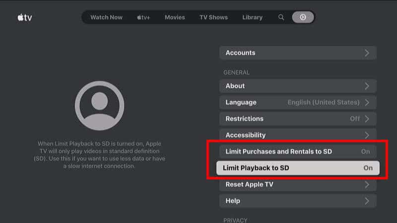 Apple TV Plus Limit Playback to SD Setting