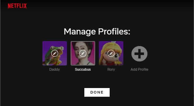 Netflix Manage Profiles Screen