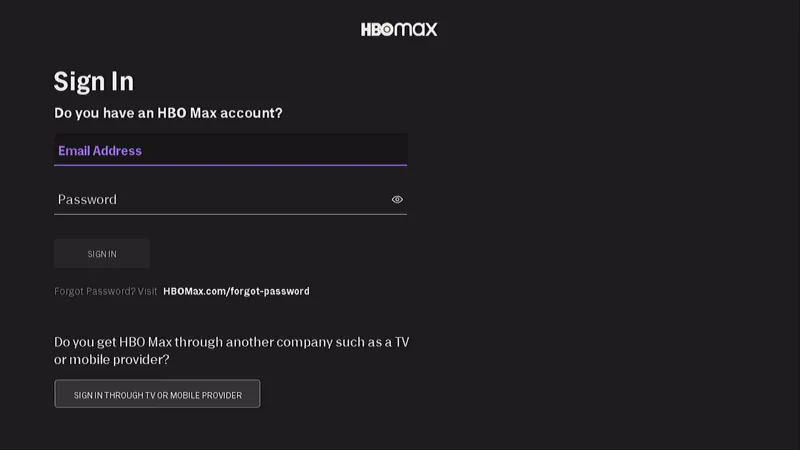 Roku HBO Max Sign In Screen