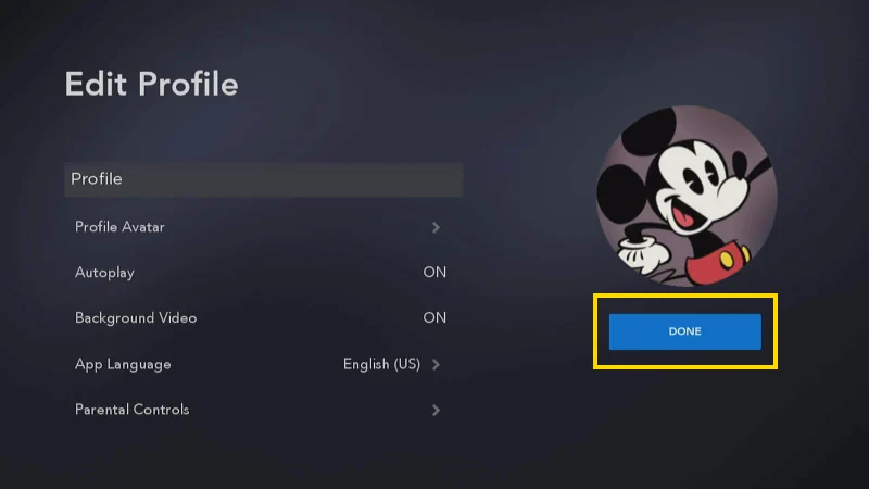 Roku Disney Plus Profile Edit Done Button