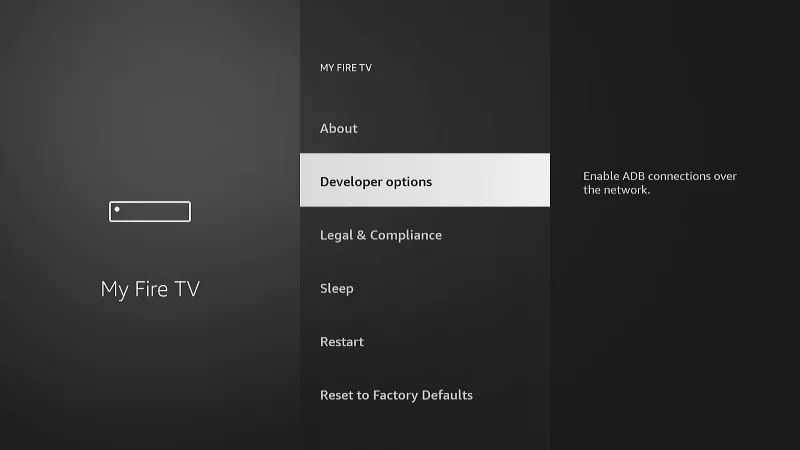 Fire TV Developer Options Selection