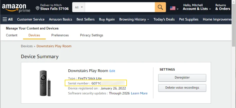 Firestick Serial Number on Amazon Site