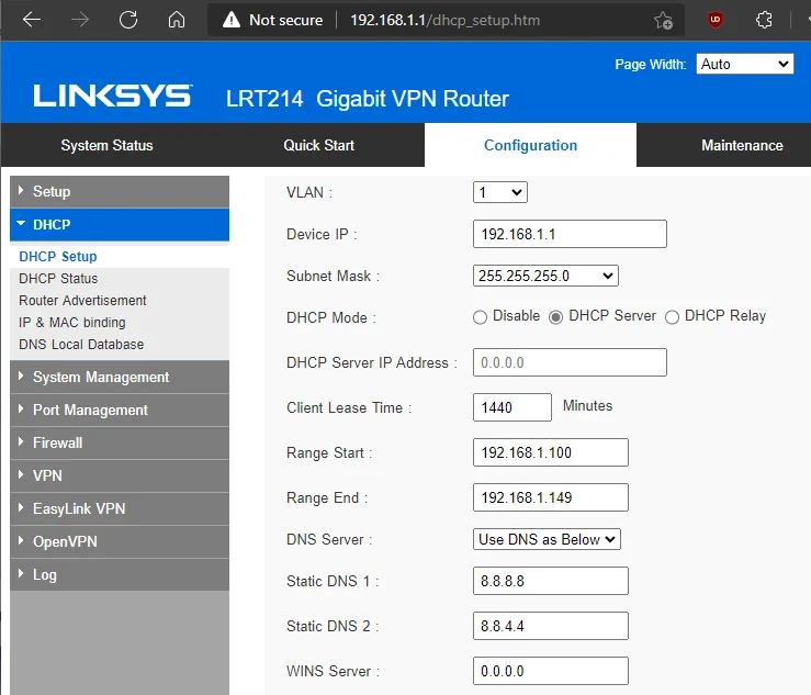 Linksys DHCP Settings Page