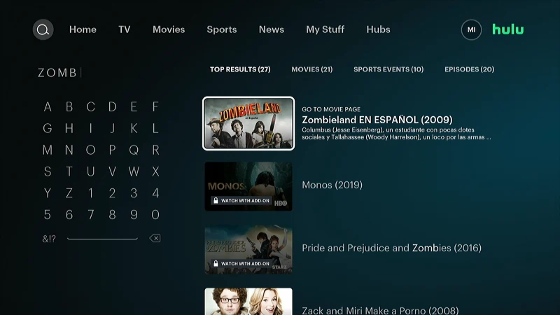 Hulu Search Screen for Zombieland in Spanish