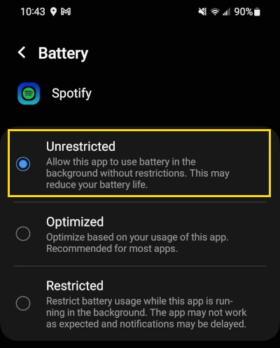 Set Spotify to Battery Unrestricted
