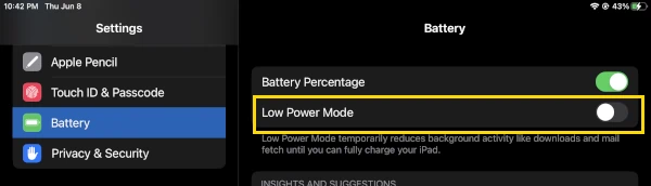 iPad Low Power Mode Setting
