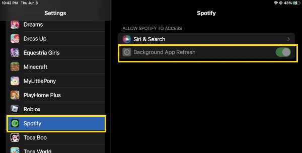 iPad Spotify Background App Refresh Setting